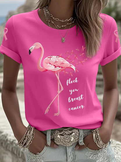 Women's Flock You Breast Cancer Pink Flamingo Print Breast Cancer Awareness Support Tee