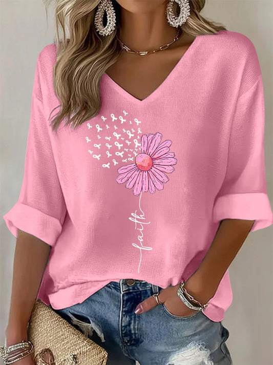 Women's Pink Ribbon Sunflower Faith Breast Cancer Awareness Support V-Neck Top