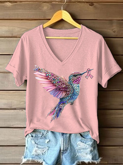 Women's Pink Hummingbird Print Casual T-shirt
