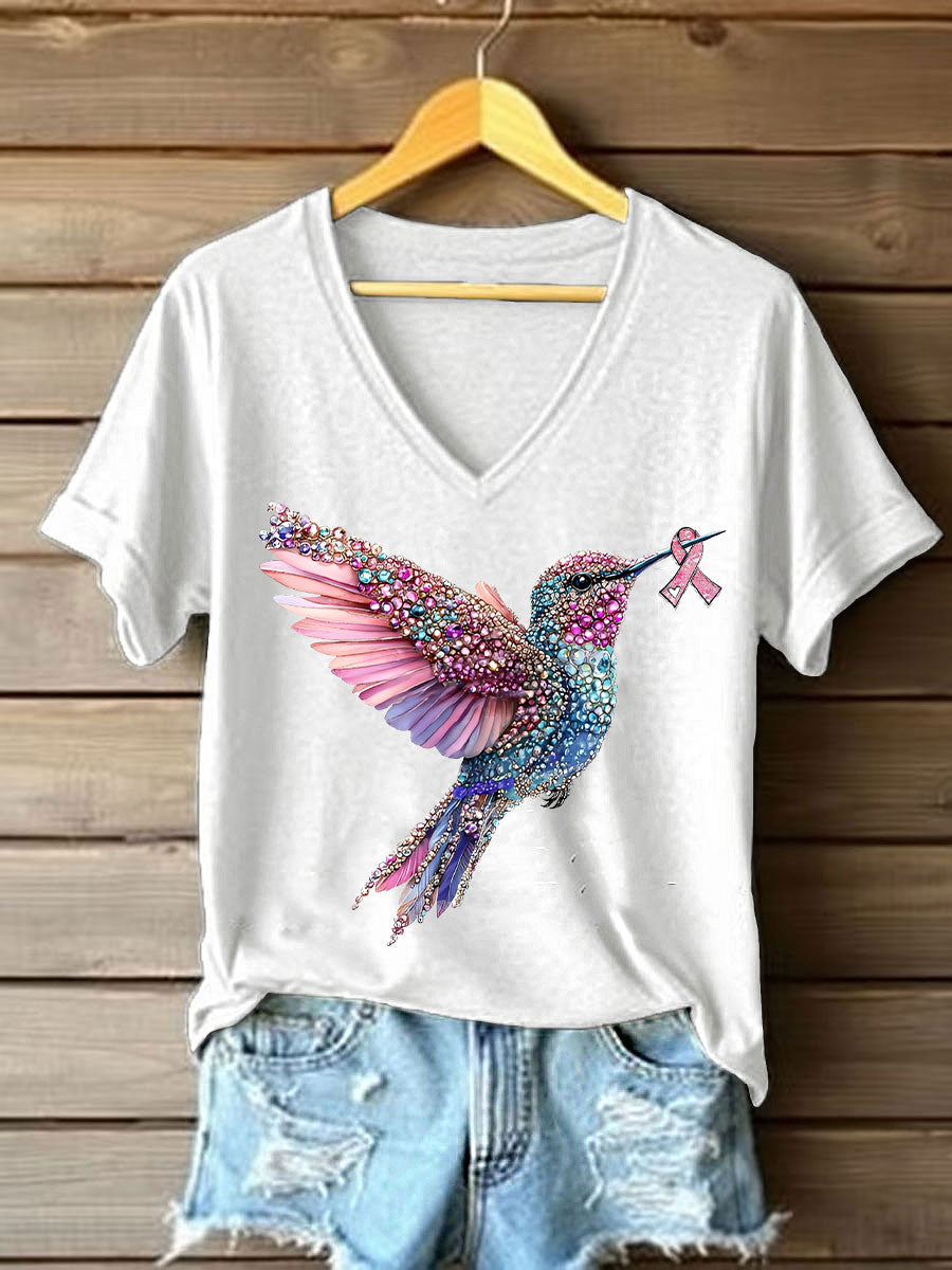 Women's Pink Hummingbird Print Casual T-shirt