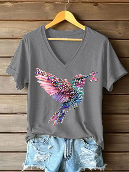 Women's Pink Hummingbird Print Casual T-shirt