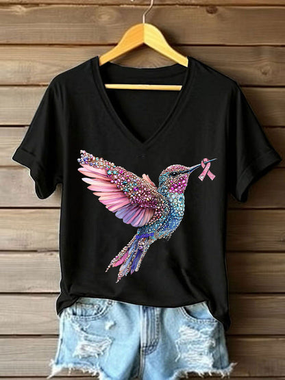 Women's Pink Hummingbird Print Casual T-shirt