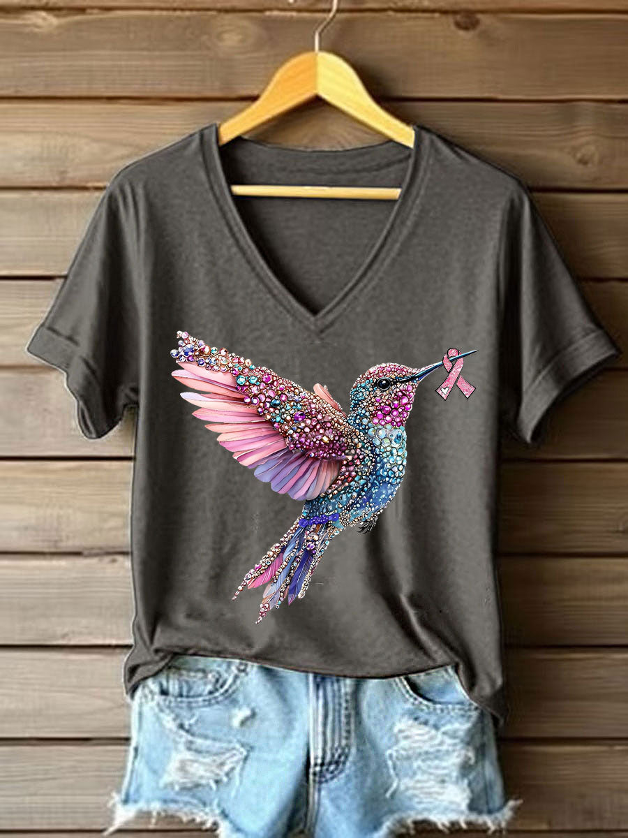 Women's Pink Hummingbird Print Casual T-shirt