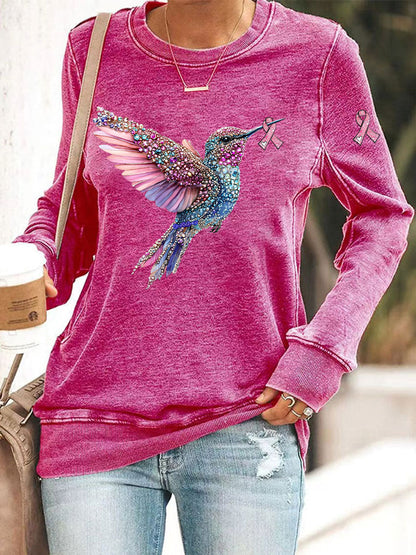 Women's Pink Hummingbird Print Casual Sweatshirt