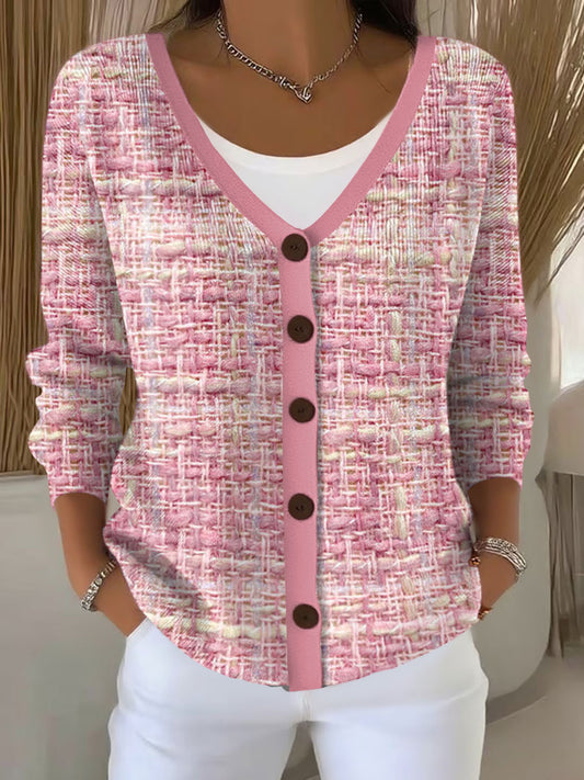 Women's Pink Plaid Print Casual Cardigan
