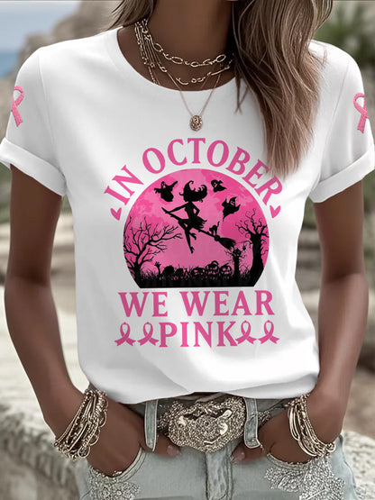 Women's Halloween Witch In October We Wear Pink Breast Cancer Awareness  Tee