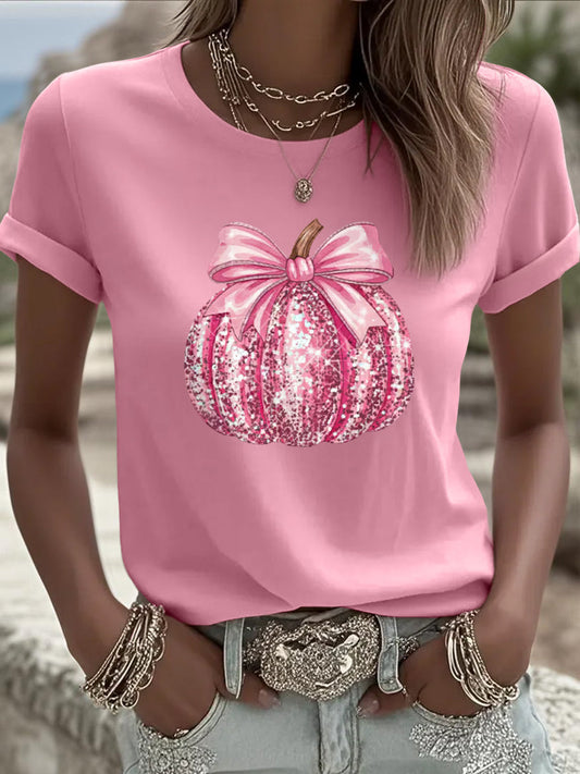 Women's Pink Pumpkin Print Breast Cancer Awareness Support Tee