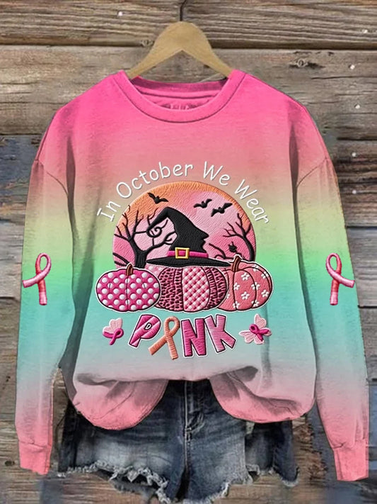Women's Casual Vintage October We Wear Pink Witch Pumpkin Sweatshirt