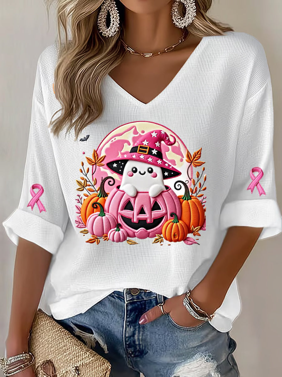 Women's Breast Cancer Pink Ribbon Pumpkin Ghost Waffle Print Casual T-Shirt
