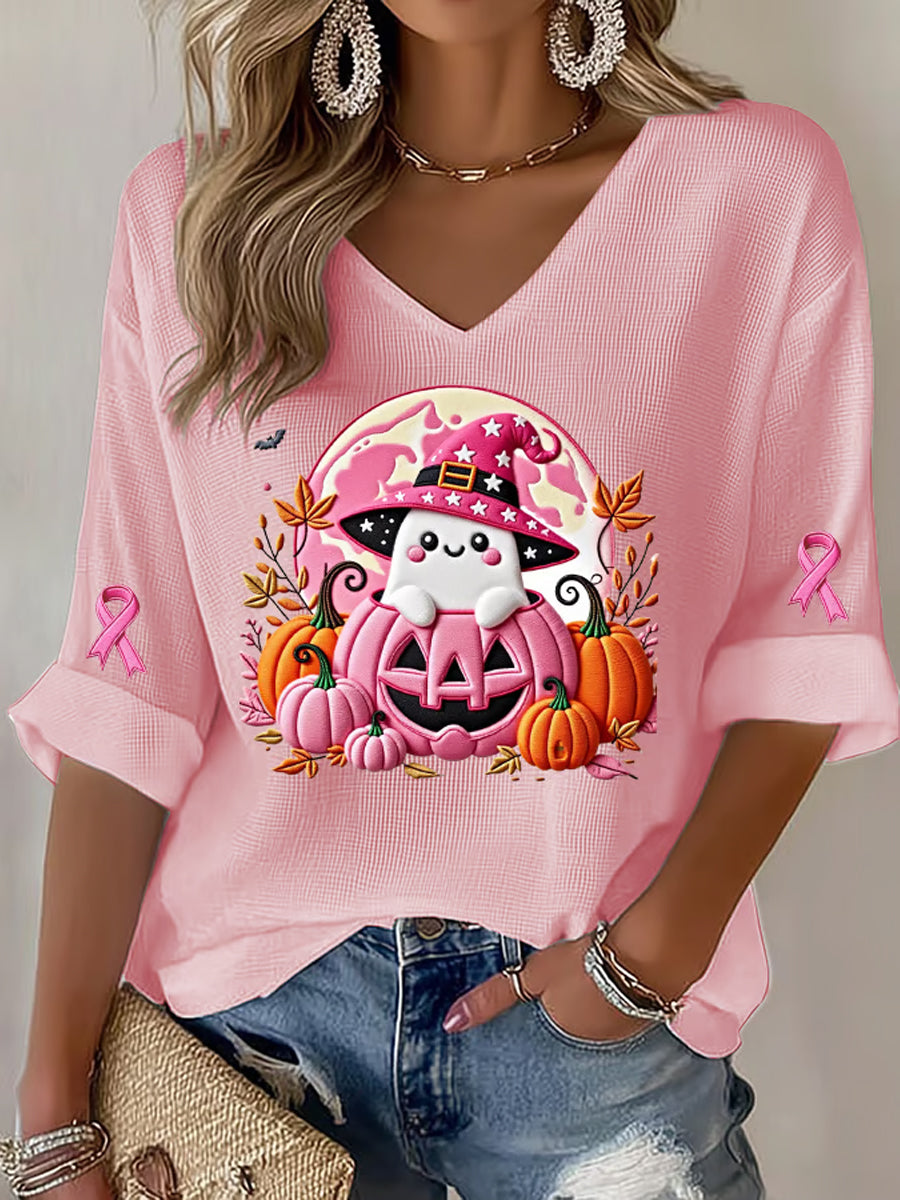 Women's Breast Cancer Pink Ribbon Pumpkin Ghost Waffle Print Casual T-Shirt
