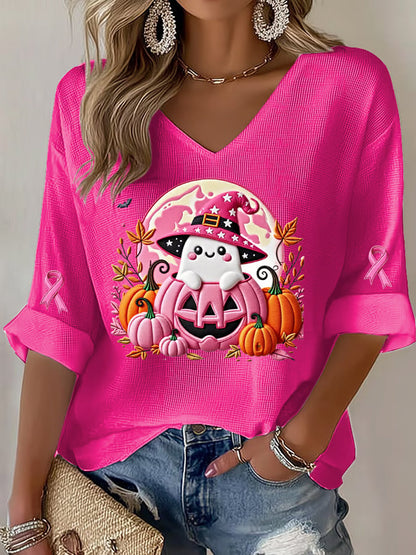 Women's Breast Cancer Pink Ribbon Pumpkin Ghost Waffle Print Casual T-Shirt