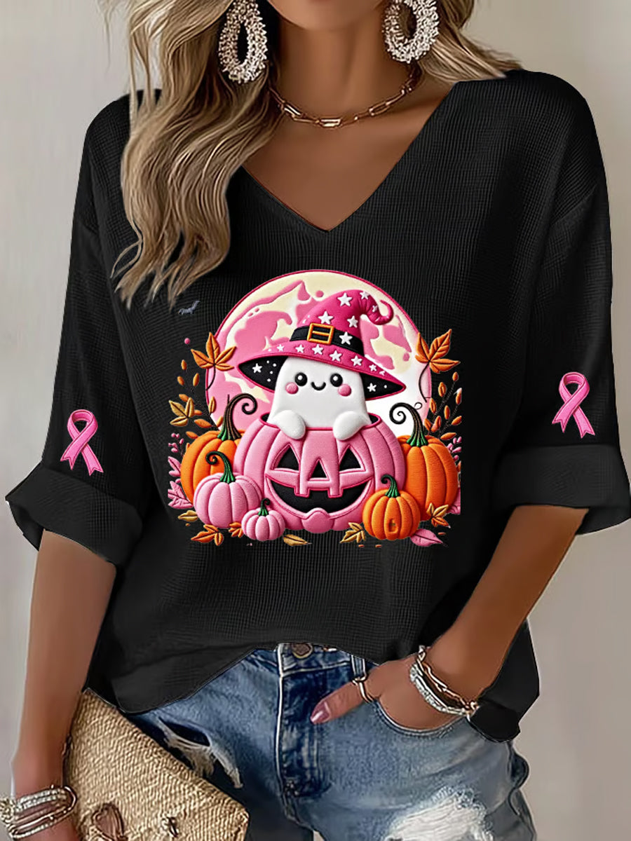 Women's Breast Cancer Pink Ribbon Pumpkin Ghost Waffle Print Casual T-Shirt