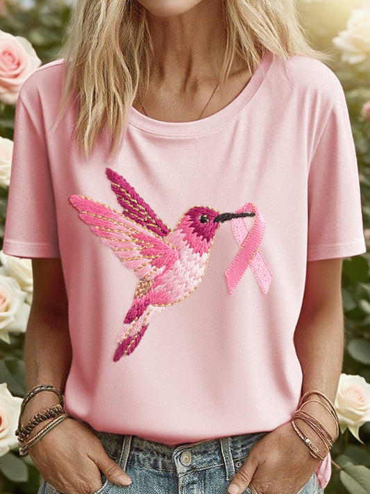 Women's Pink Hummingbird Embroidered T-Shirt