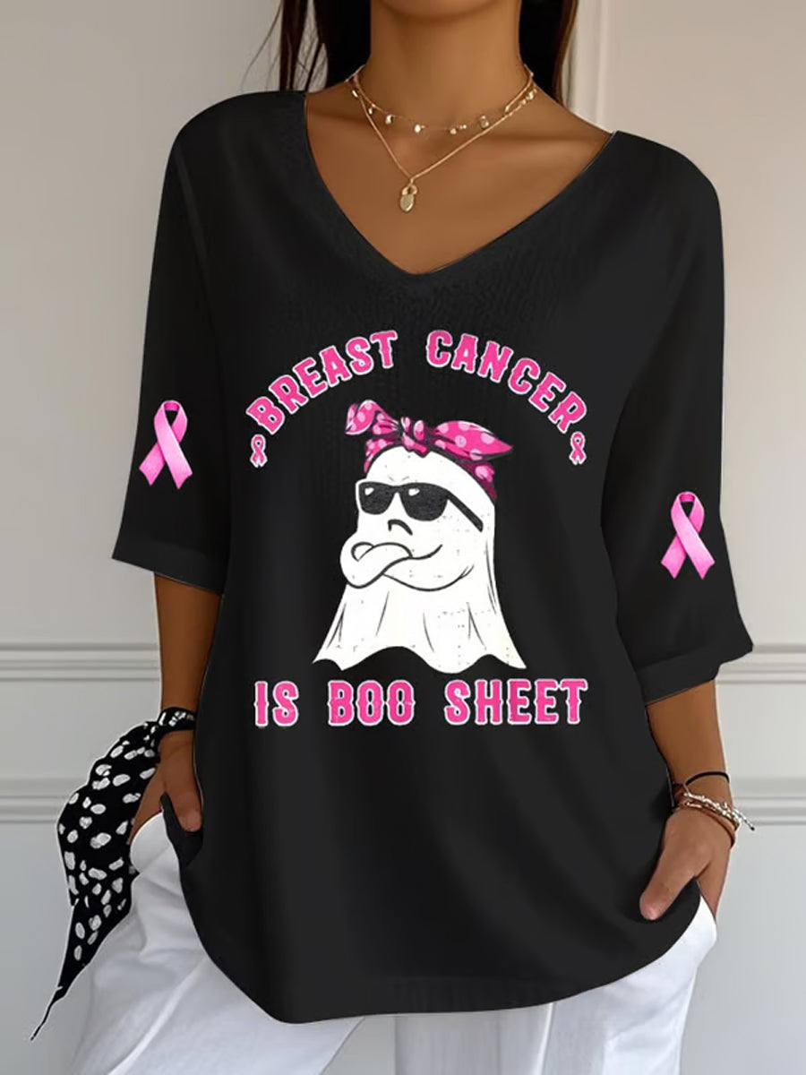 Women's Breast Cancer Pink Ribbon Ghost Print  V-Neck Half-Sleeve T-Shirt
