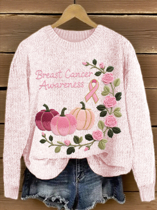 Women's Pink Pumpkin & Rose Embroidered Knit Sweater