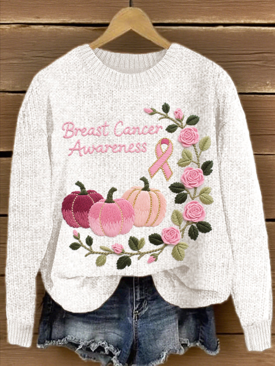 Women's Pink Pumpkin & Rose Embroidered Knit Sweater