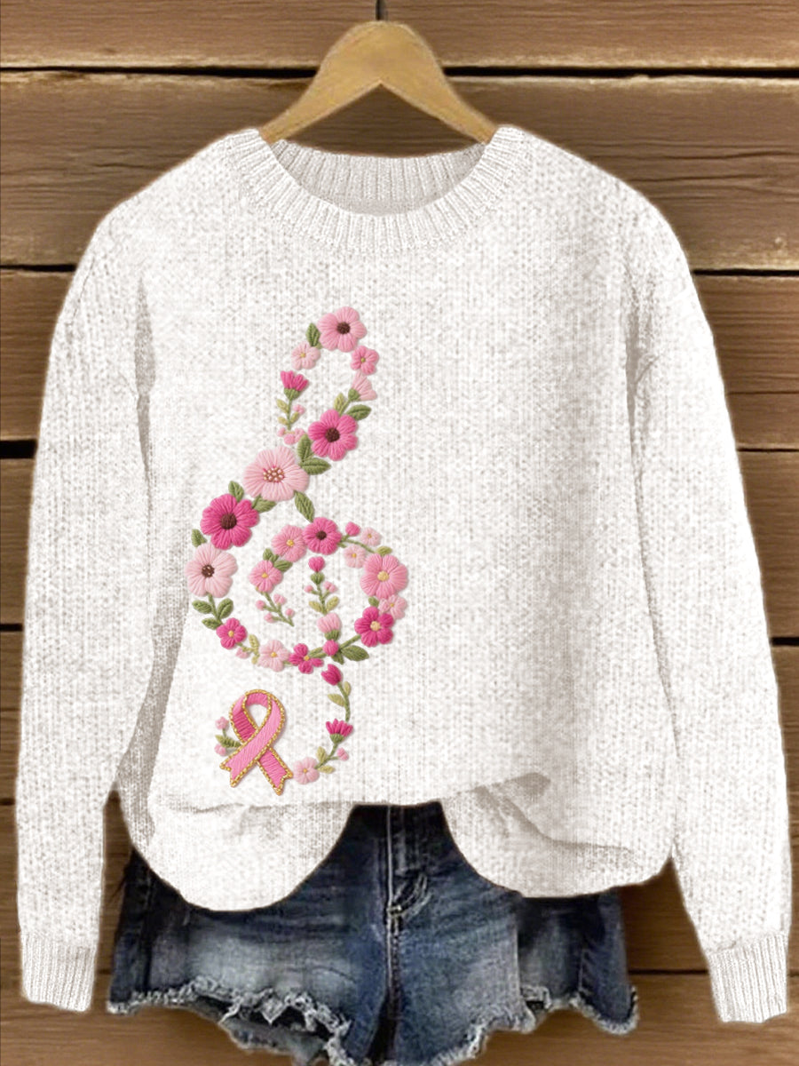 Women's Pink Floral Musical Note Embroidered Knit Sweater