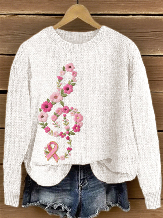 Women's Pink Floral Musical Note Embroidered Knit Sweater