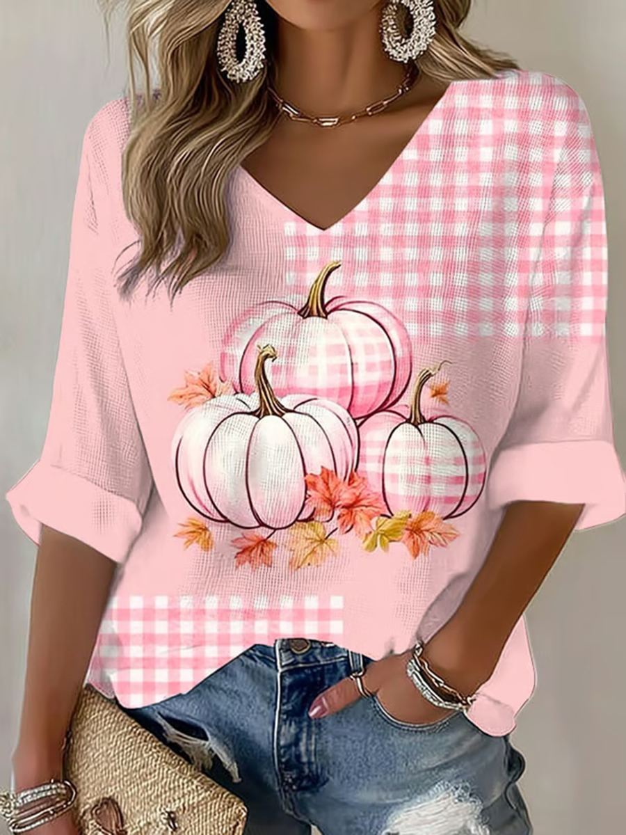 Women's Breast Cancer Pink Pumpkin Print Casual T-shirt