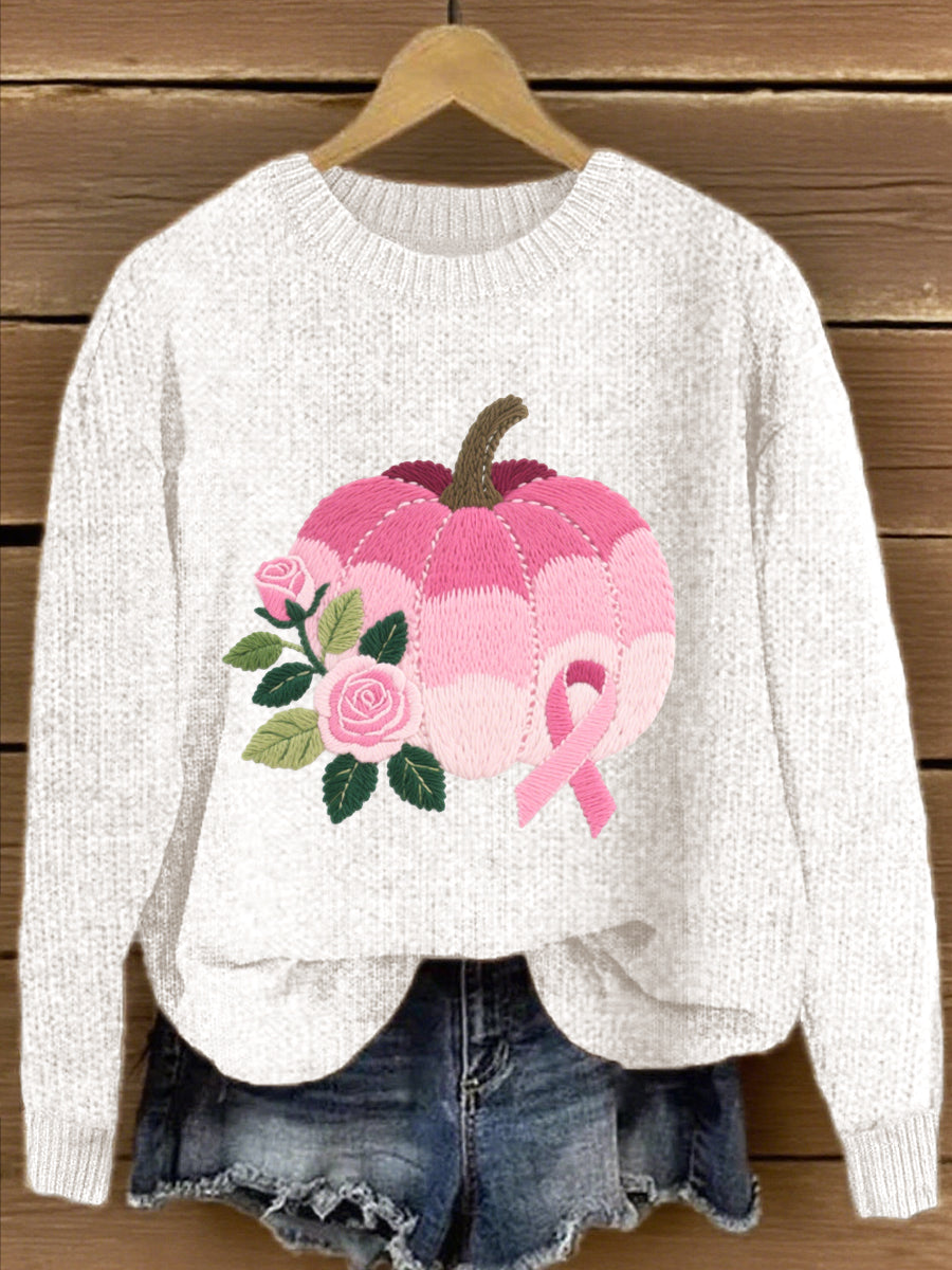 Women's Pink Floral Pumpkin Embroidered Knit Sweater