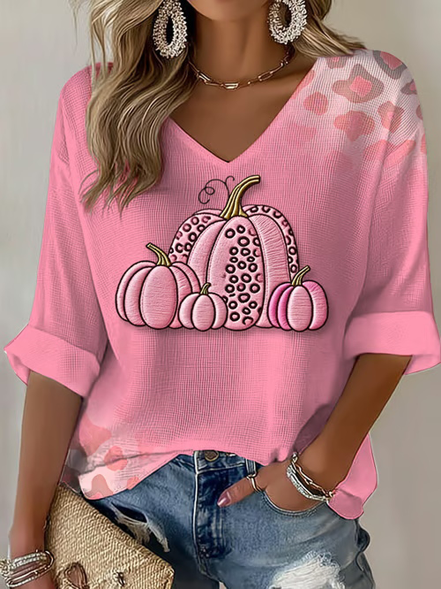 Women's Breast Cancer Pink Pumpkin Print Casual T-shirt