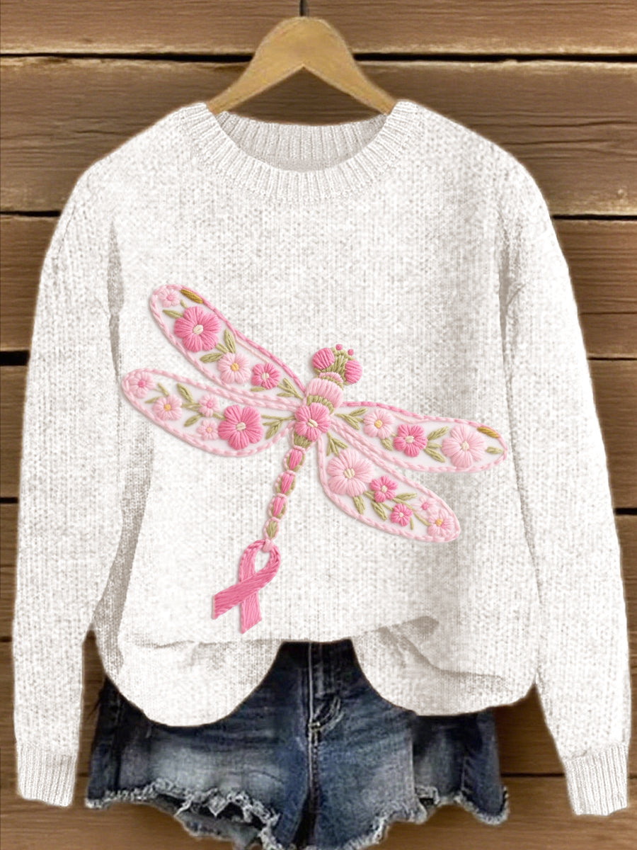 Women's Pink Floral Dragonfly Embroidered Knit Sweater