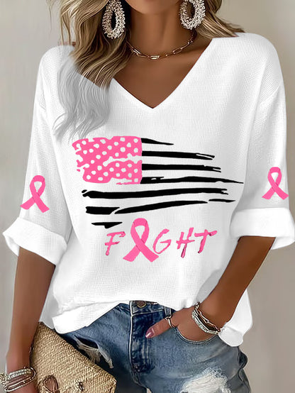 Women's Breast Cancer Pink Ribbon Flag Waffle Print Casual T-Shirt