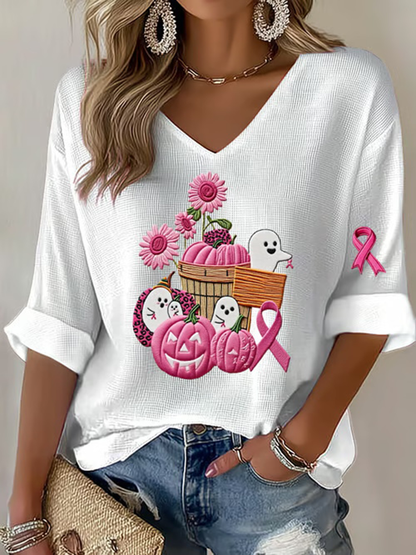Women's Breast Cancer Pink Pumpkin Print Casual T-shirt