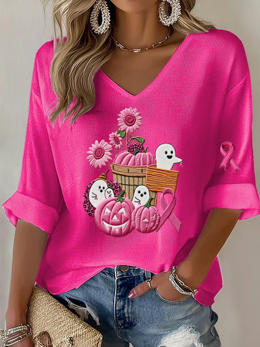 Women's Breast Cancer Pink Pumpkin Print Casual T-shirt