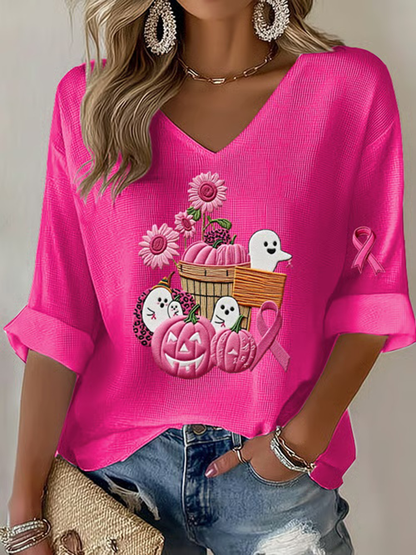 Women's Breast Cancer Pink Pumpkin Print Casual T-shirt