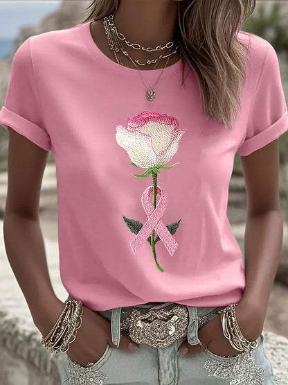 Women's Pink Floral Print Casual T-shirt