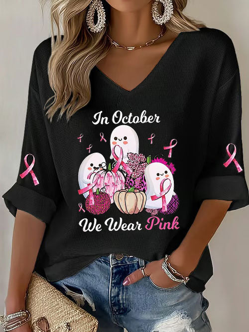 Women's Breast Cancer Pink Ribbon Pumpkin Ghost Waffle Print Casual T-Shirt
