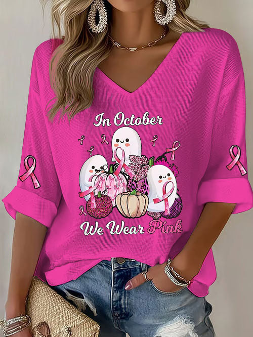 Women's Breast Cancer Pink Ribbon Pumpkin Ghost Waffle Print Casual T-Shirt