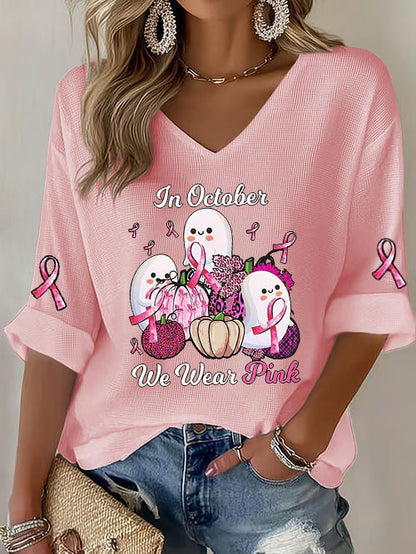 Women's Breast Cancer Pink Ribbon Pumpkin Ghost Waffle Print Casual T-Shirt