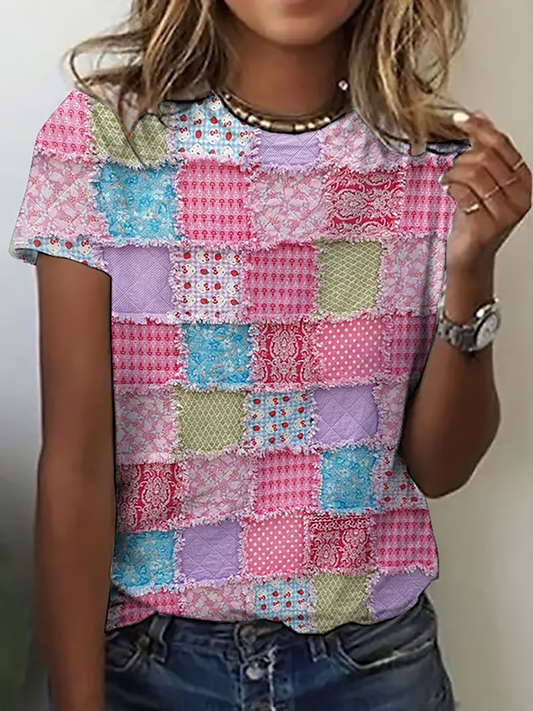 Women's Pink Patchwork Print Casual T-shirt