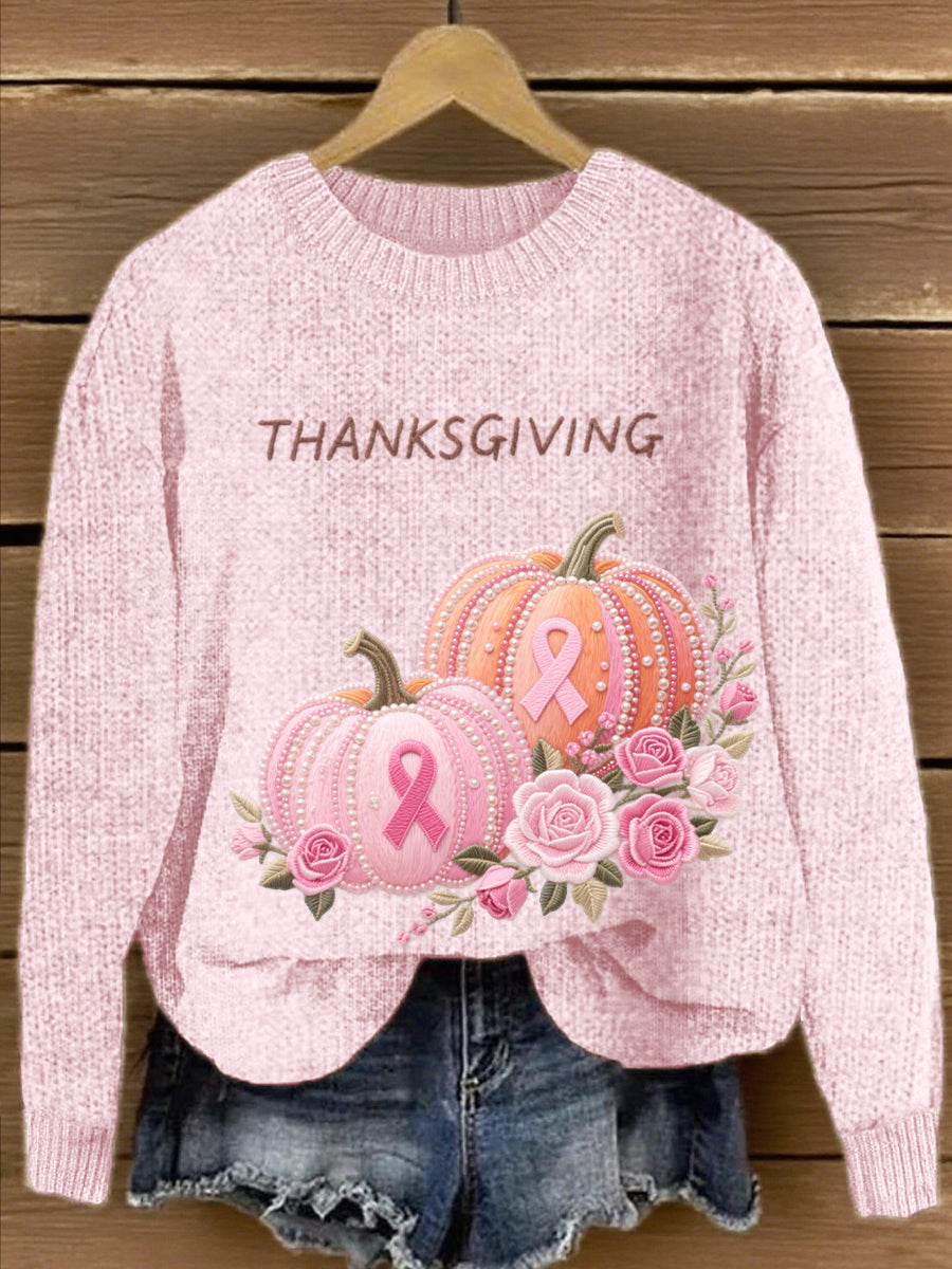 Women's Pink Floral Pumpkin Embroidered Knit Sweater