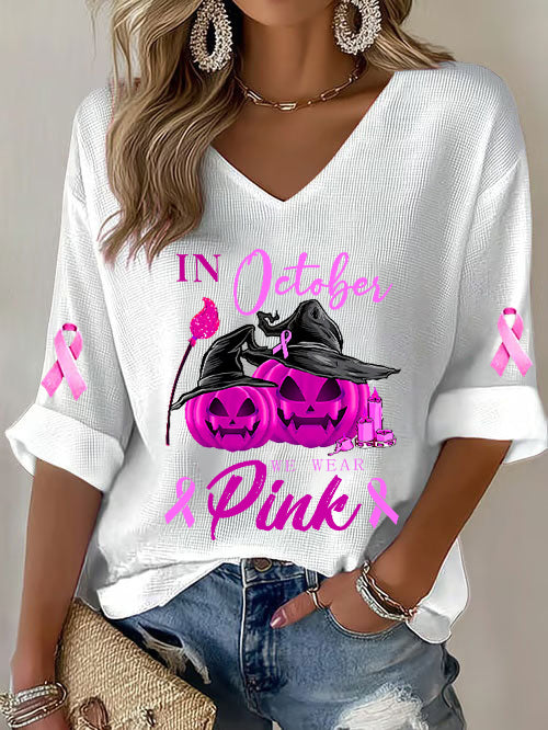 Women's Breast Cancer Pink Ribbon Pumpkin Witch Waffle Print Casual T-Shirt
