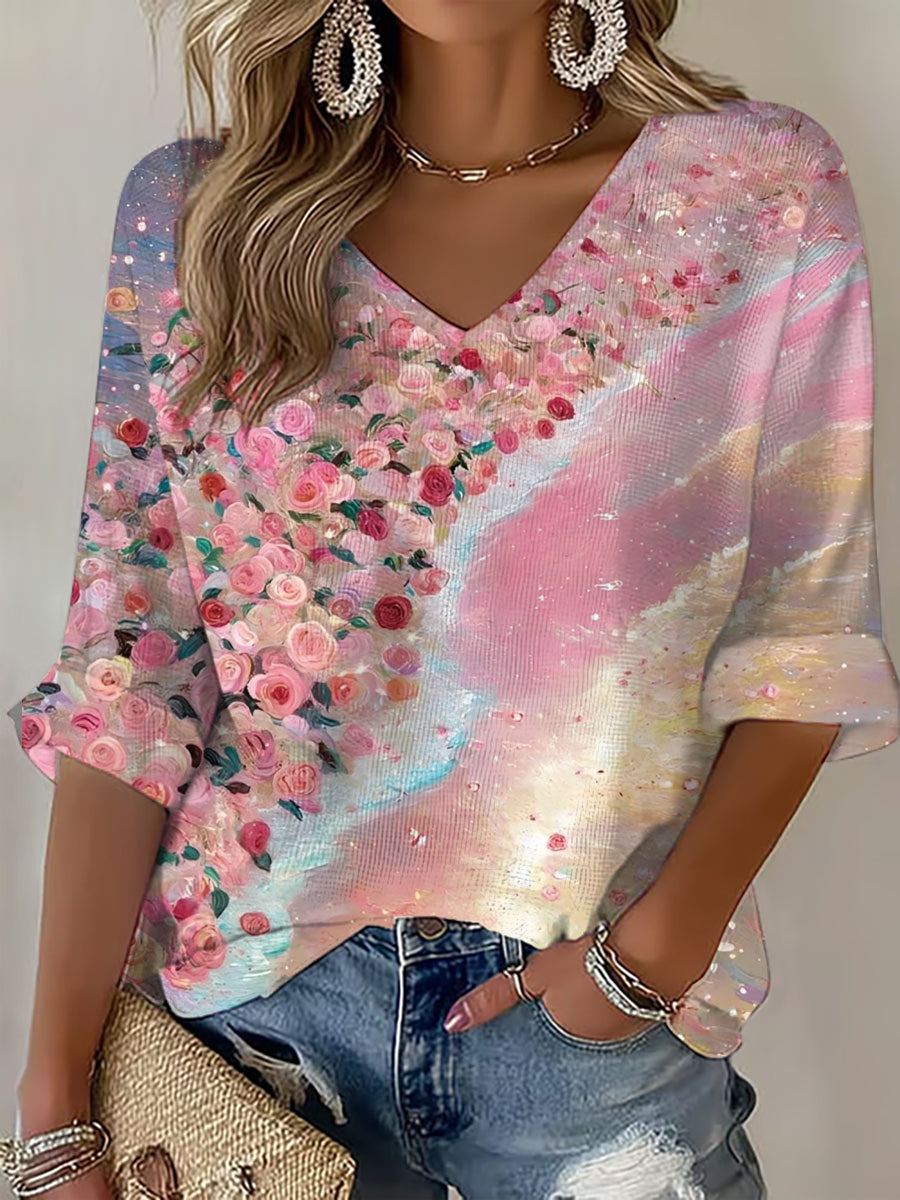 Women's Pink Floral Print Casual T-shirt