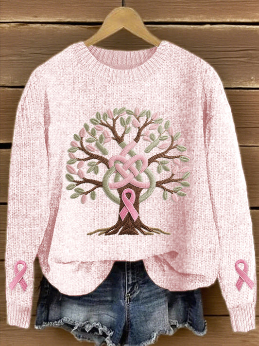 Women's Pink Ribbon and Tree of Life Embroidered Knit Sweater