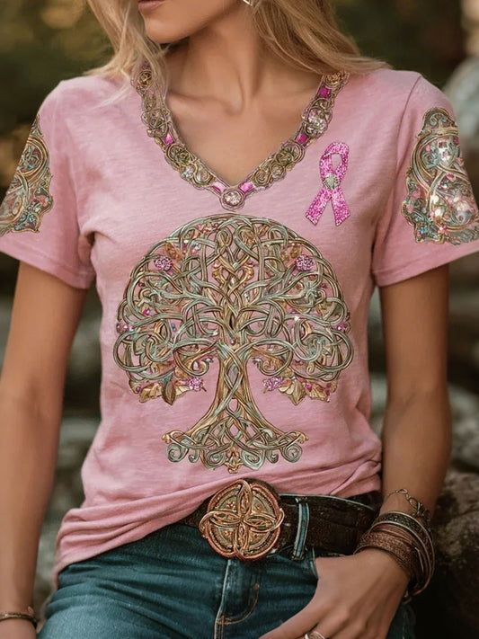 Women's Breast Cancer Tree of Life V-Neck T-Shirts