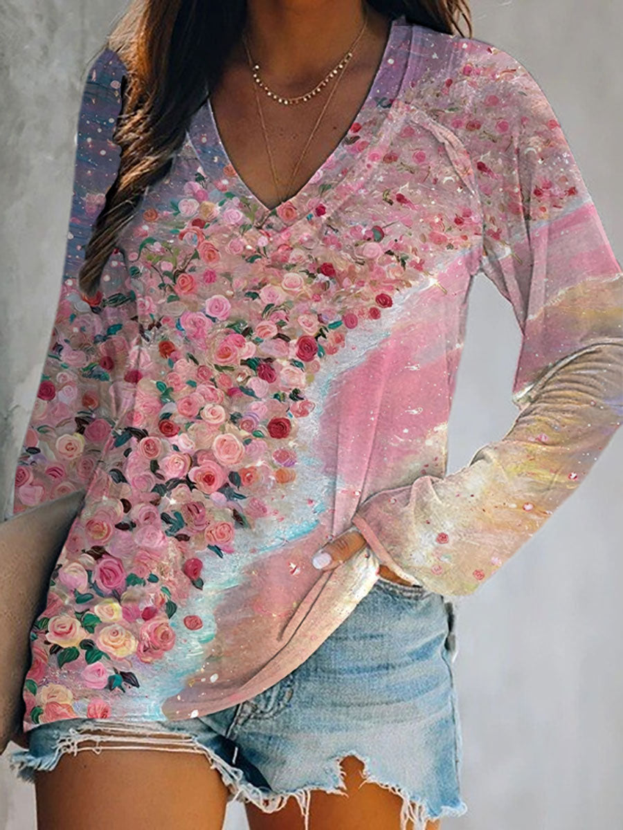Women's Pink Floral Print Casual T-shirt