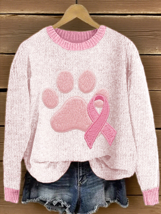 Women's Pink Ribbon & Paw Embroidered Knit Sweater