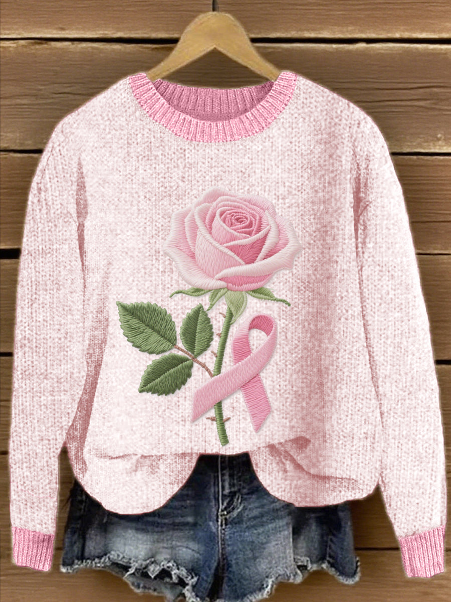Women's Pink Ribbon & Floral Embroidered Knit Sweater