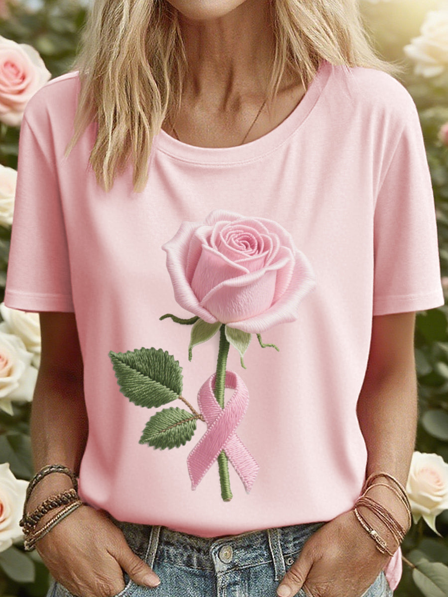 Women's Pink Rose Ribbon Embroidered T-Shirt