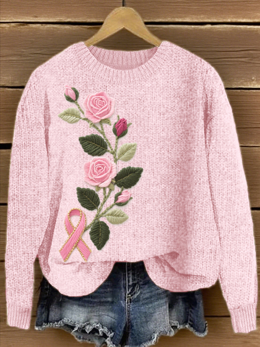 Women's Pink Floral & Ribbon Embroidered Knit Sweater