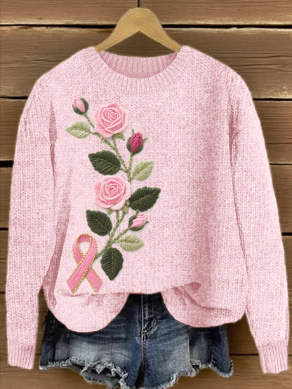 Women's Pink Floral & Ribbon Embroidered Knit Sweater