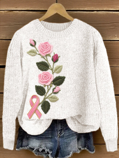 Women's Pink Floral & Ribbon Embroidered Knit Sweater