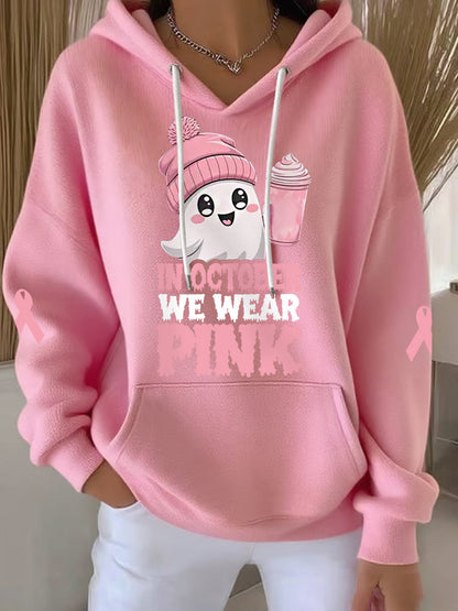 Women's In October We Wear Pink Halloween Pink Ghost Print Breast Cancer Awareness Hoodie