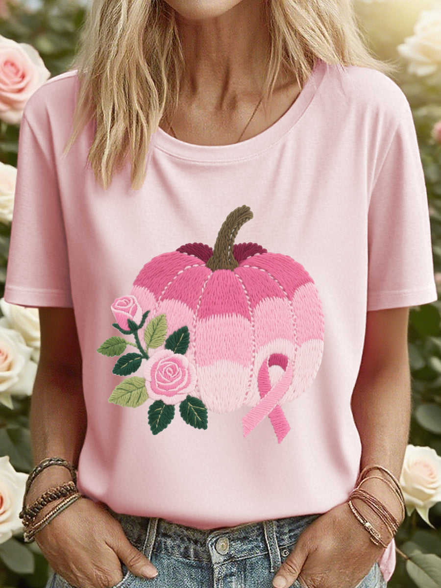 Women's Pink Pumpkin Ribbon Embroidered T-Shirt