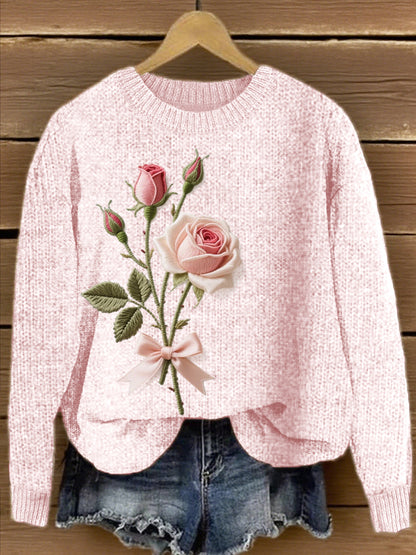 Women's Pink Floral Embroidered Knit Sweater